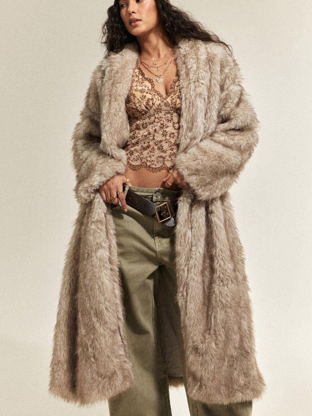 Khaki Casual Women's faux fur Lapel Loose Regular Fit Long Jacket